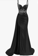 Elegant Mermaid Spaghetti Straps Pink Slit Satin Long Prom Dresses Party Dress Summer 20th Birthday Outfits 18th Birthday Dresses DH1280