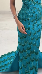 Elegant Sheath Strapless Blue Sequin Prom Dresses Party Dress Summer 22th Birthday Outfits 18th Birthday Dresses DH1584