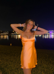 Modest A line Spaghetti Straps Orange Satin Short Formal 8th Grade Homecoming Dresses Middle School Semi Mini Formal Hoco Dress Backless Cocktail Outfits DH1722