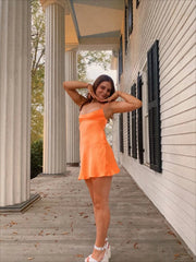 Modest A line Spaghetti Straps Orange Satin Short Formal 8th Grade Homecoming Dresses Middle School Semi Mini Formal Hoco Dress Backless Cocktail Outfits DH1722