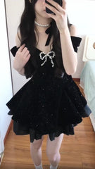 Sexy Ball Gown Off The Shoulder Black Velvet Short Formal 8th Grade Homecoming Dresses Summer Middle School Hoco Dress 6th Grade Graduation Outfits DH1882