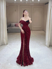 Glamorous Mermaid Off The Shoulder Sequin Burgundy Long Evening Party Gowns Evening Special Formal Dresses Prom Dress DH190