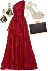 Glamorous A line One Shoulder Sleeveless Red Organza Long Evening Party Gowns Evening Special Formal Dresses Prom Dress DH210