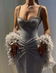 Sexy Mermaid Straps Silver Sequin Long Prom Dresses Party Dress 20th Birthday Outfits Graduation Dresses DH2217