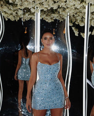 Sexy Sheath Sequin Blue Short Formal Homecoming Dress Middle School Short 16th Birthday Outfits Graduation Dress Cocktail Dresses DH2224