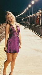 Sexy A Line Halter Grape Satin Short Formal Homecoming Dress Middle School Short 16th Birthday Outfits Graduation Dress Cocktail Dresses DH2229