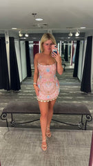 Pretty Sheath Spaghetti Straps Sequin Formal Homecoming Dresses Short 21st Birthday Outfits Graduation Dress Mini Cocktail Dresses DH2268
