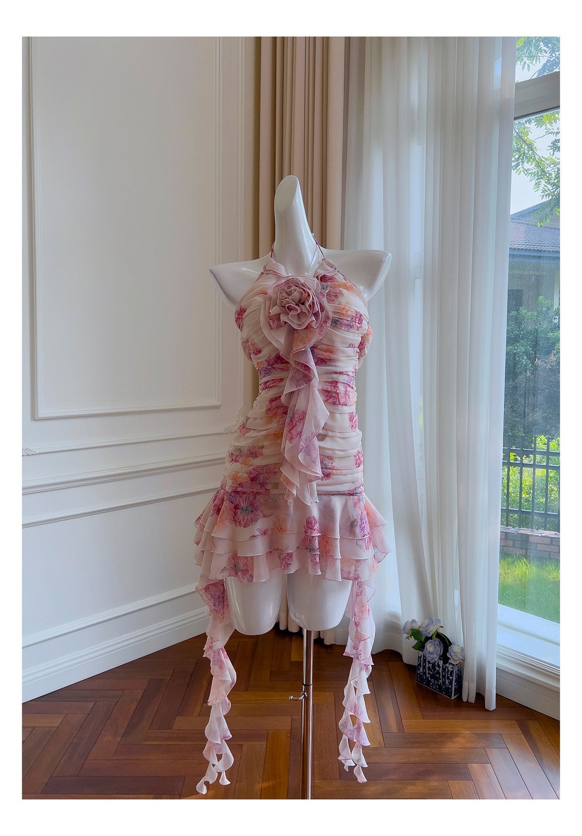 Pretty Sheath Halter Pink Floral Chiffon Short Formal Homecoming Dresses Middle School Short 21st Birthday Outfits Graduation Dress Mini Cocktail Dresses DH2289