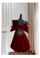 Aesthetic Ball Gown Burgundy Velvet Short Mini Feathers Formal Homecoming Dress Short Cocktail Outfits Graduation Dress Mini Hoco Dress DH2294