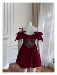 Aesthetic Ball Gown Burgundy Velvet Short Mini Feathers Formal Homecoming Dress Short Cocktail Outfits Graduation Dress Mini Hoco Dress DH2294