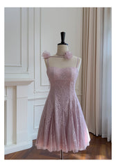 Pretty A Line Spaghetti Straps Pink Lace Short Formal Homecoming Dresses Middle School Short 21st Birthday Outfits Graduation Dress Mini Cocktail Dresses DH2302