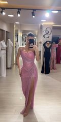 Elegant Sheath Strapless Pink Sequin Slit Long Prom Dresses Party Dress 22th Birthday Outfits Graduation Dresses DH2314