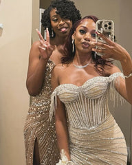Sparkly Mermaid Off The Shoulder Champagne Sequin Long Slit Evening Party Gowns Evening Dress Special Formal Dresses Prom Dress DH2321