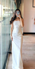 Simple Sheath Strapless Satin White Evening Party Gowns Evening Dress Special Formal Dresses Prom Dress DH2338