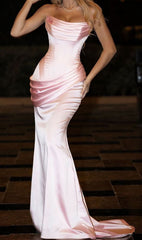 Sexy Mermaid Strapless Satin Pink Evening Party Gowns Evening Dress Special Formal Dresses Prom Dress DH2346