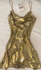 Pretty A line Spaghetti Straps Gold Satin Formal Homecoming Dresses 21st Birthday Outfits Graduation Dress Short Mini Cocktail Dresses DH2385