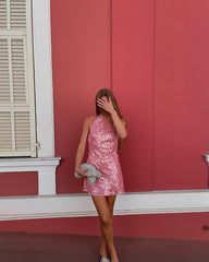 Pretty A Line High Neck Light Pink Sequin Formal Homecoming Dresses Short 21st Birthday Outfits Graduation Dress Mini Cocktail Dresses DH2390
