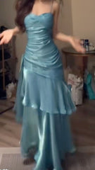 Elegant Mermaid Spaghetti Straps Blue Satin Long Prom Dresses Party Dress 21st Birthday Outfits Graduation Dresses DH2398