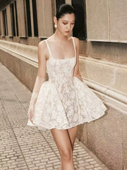 Pretty A line Square Neck White Lace Formal Homecoming Dresses Short 16th Birthday Outfits Graduation Dress Mini Cocktail Dresses DH2473
