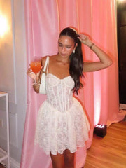Pretty A line Spaghetti Straps White Lace Formal Homecoming Dresses Short 16th Birthday Outfits Graduation Dress Mini Cocktail Dresses DH2479