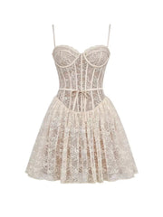 Pretty A line Spaghetti Straps White Lace Formal Homecoming Dresses Short 16th Birthday Outfits Graduation Dress Mini Cocktail Dresses DH2479