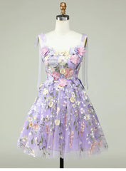 Cute A Line Spaghetti Straps Lilac Tulle Lace Formal Homecoming Dresses 18th Birthday Outfits Graduation Dress Short Mini Hoco Dresses DH2538