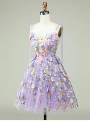 Cute A Line Spaghetti Straps Lilac Tulle Lace Formal Homecoming Dresses 18th Birthday Outfits Graduation Dress Short Mini Hoco Dresses DH2538