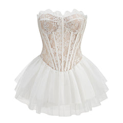 Sexy A line Strapless Lace White Formal Homecoming Dresses 18th Birthday Outfits Graduation Dress Short Mini Hoco Dresses DH2551
