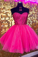 Retro Ball Gown Sweetheart Hot Pink Tulle Formal Homecoming Dresses 8th Grad Dance Graduation Dress Short Mini Hoco Dresses DH2563