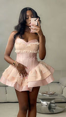 Unique Ball Gown Sweetheart Pink Satin Lace Short Formal 8th Grade Homecoming Dresses Middle School Cocktail Dress Hoco Outfits Inspo DH2604