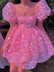 Princess Ball Gown Square Neck Tulle Pink Formal Homecoming Dresses 8th Grad Dance Graduation Dress Short Hoco Dresses DH2590
