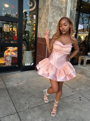 Princess Ball Gown Sweetheart Pink Satin Lace Short Formal 8th Grade Homecoming Dresses Middle School Cocktail Dress Hoco Outfits DH2597