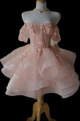 Unique Ball Gown Off The Shoulder Blush Pink Lace Formal Homecoming Dresses 8th Grad Dance Graduation Dress Short Hoco Dresses DH2617