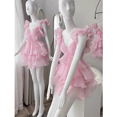 Cute A Line V Neck Chiffon Pink Short Mini Formal 8th Grade Homecoming Dresses Middle School Cocktail Dress Hoco Outfits DH2640
