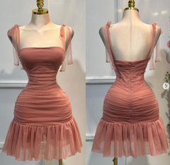 Cute Strap Sheath Short Party Dress Tulle Red Homecoming Dress DP2954