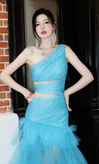 Modest Blue One Shoulder Formal Dress Tulle Mermaid Long Evening Gowns Prom Dresses DH2696