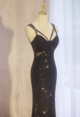Elegant Black Mermaid Evening Gowns Spaghetti Strap Formal Dresses Spark Sequin Sleeveless Long Prom Dresses DH2697