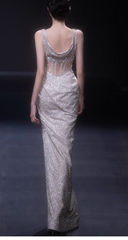 Light Champagne Glitter Tulle Sheath Evening Gowns Gorgeous Beaded Slit Formal Dresses Sparkly Sequin Sleeveless Long Prom Dresses  DH2699