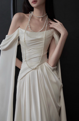 Ivory Off-shoulder Sheath Evening Gowns Simple Chiffon Formal Dresses Elegant Sleeveless Long Prom Dresses  DH2700