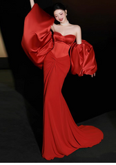 Glamour Red Mermaid Evening Gown Sweetheart Neck Formal Dress Satin Chiffon  Modest Long Prom Dresses DH2701