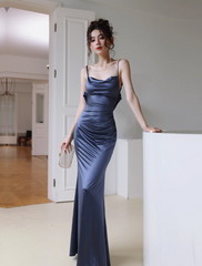 Elegant Spaghetti Straps Navy Blue Formal Dress Satin Bodycon Evening Gown Simple Backless Long Party Dress DH2705