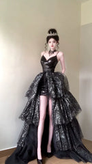 Sparkly Black Spaghetti Strap Sheath Tulle Short Train Evening Dress DH2707
