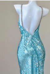 Sparkly Sequin Halter Blue Mermaid Evening Gowns Elegant Open Back Prom Dresses DH2710