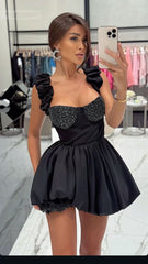 Sexy Ball Gown Straps Black Satin Short Formal Homecoming Dresses Party Graduation Dress Hoco Dresses DH2725