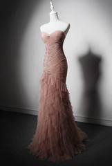 Modest Pink Mermaid Evening Gowns Tulle Tiered Sweetheart Neck Long Prom Dress Graduation Dress DH2742