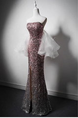 Modest Pink Mermaid Evening Gowns Strapless Slit Long Prom Dress Sparkly Sequins Graduation Dress DH2743