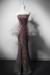 Modest Pink Mermaid Evening Gowns Strapless Slit Long Prom Dress Sparkly Sequins Graduation Dress DH2743