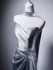 Elegant Light Gray Blue Mermaid Evening Gowns Strapless Satin Long Prom Dress Modest Sleeveless Formal Dress with Scarf DH2746