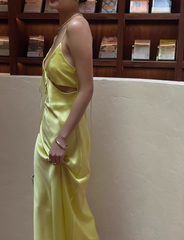 Elegant Yellow Spaghetti Strap Sheath 18th Birthday Outfit Satin Backless Formal Dress Modest Party Dress DH2749
