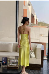 Elegant Yellow Spaghetti Strap Sheath 18th Birthday Outfit Satin Backless Formal Dress Modest Party Dress DH2749